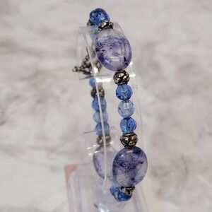 Blue‎ Beaded Bracelet Silver Tone Toggle Clasp Transparent Boho Costume Jewelry